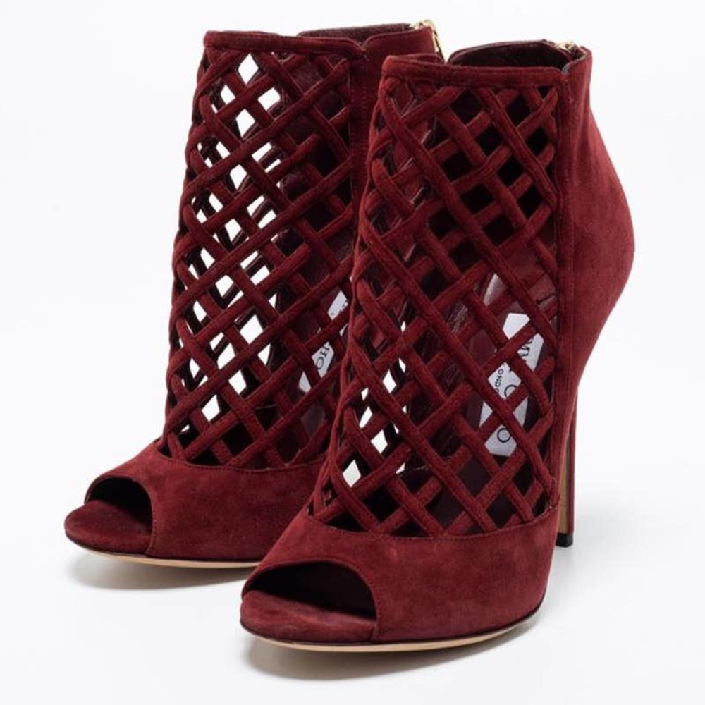 Jimmy Choo Burgundy Lattice Suede Drift Booties